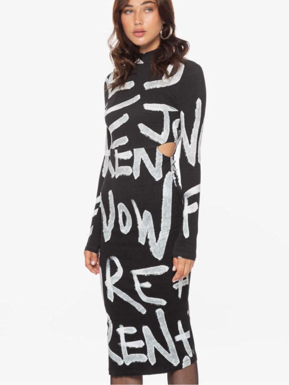 Desigual Manifesto Maya Dress Black & White Graffiti-Print Long Sleeve Bodycon - Picture 9 of 16
